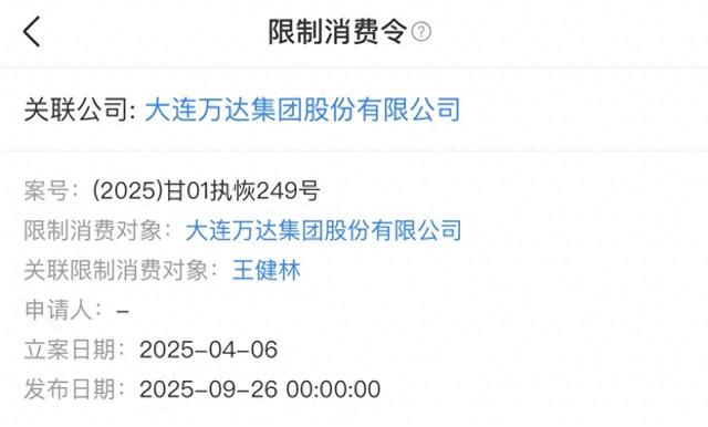 大连万达集团及王健林被限制高消费