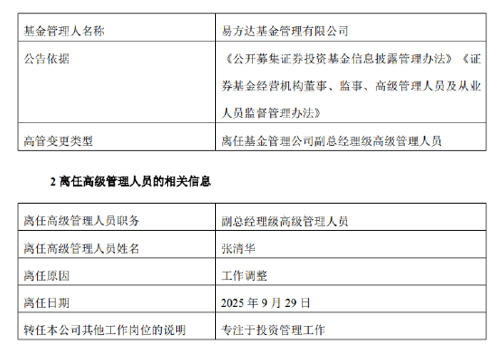张坤、萧楠之后，易方达又一顶流“弃官从投”！张清华卸任副总，专注投资管理工作