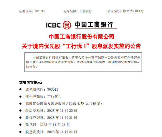 工商银行:“工行优1”将派发现金股息每股4.58元